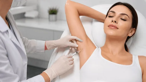 Physician injecting Botox into a patient's underarm for hyperhidrosis (excessive sweating) treatment in Brooklyn, NY