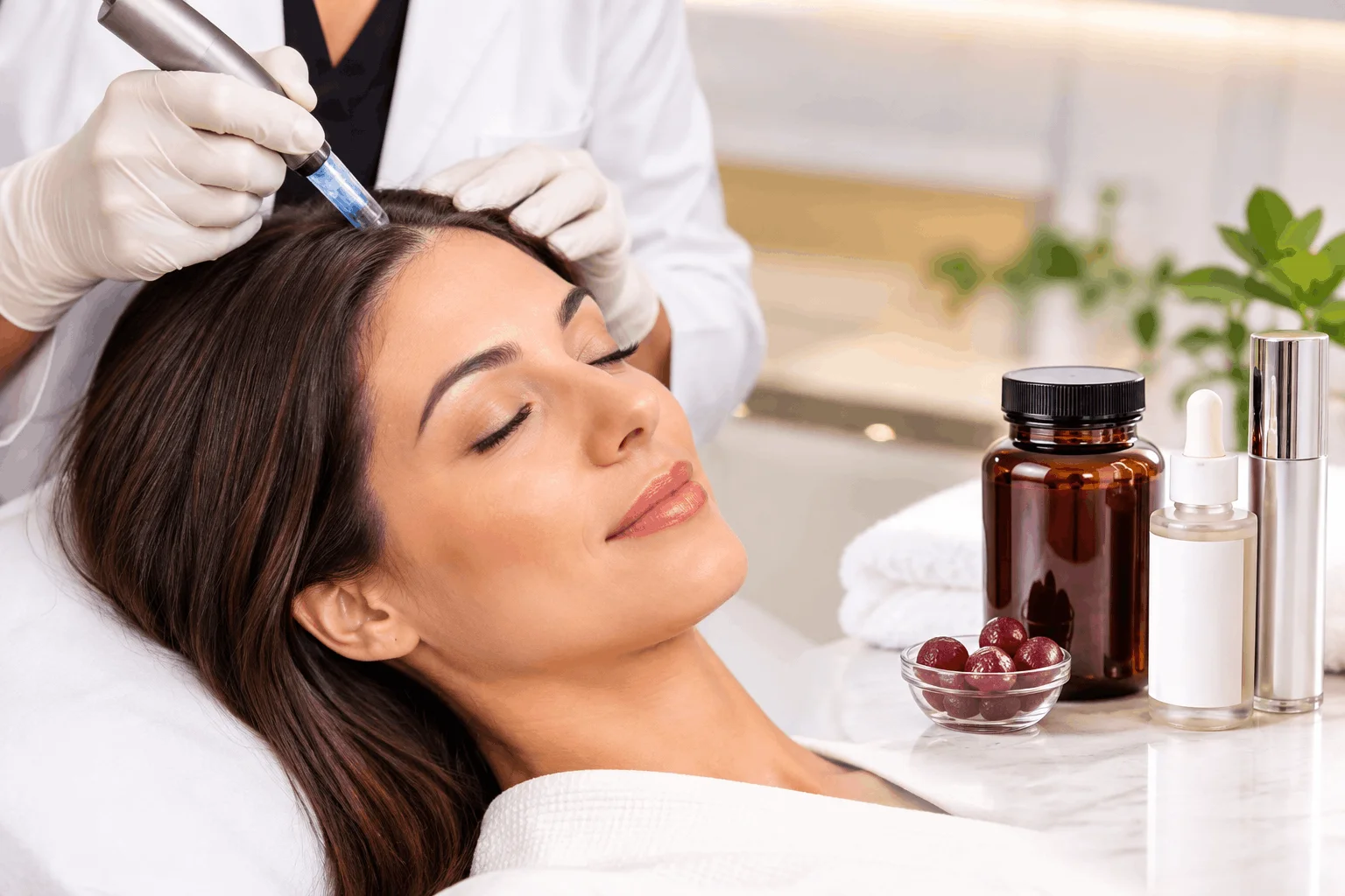 A woman receiving a scalp microneedling treatment in Brooklyn, NY from a clinician in a spa setting next to hair care products.